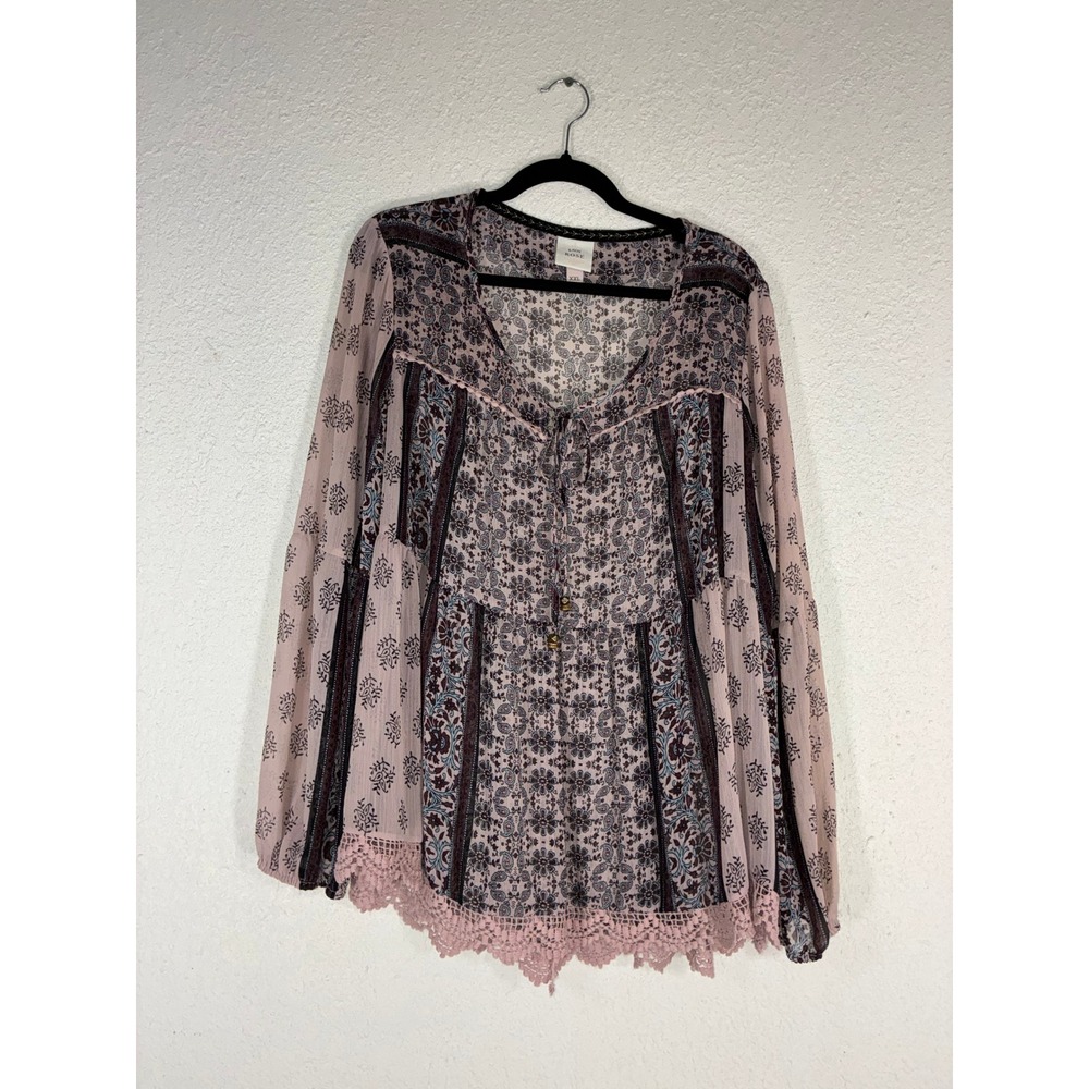 Knox Rose Pink Paisley Floral Boho Peasant Top XXL Crochet Lace Trim Tassel‎ Tie